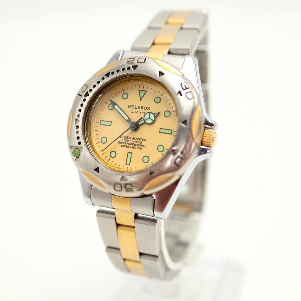 Vintage Helbros Scuba Master 30mm Diver Watch Two Tone 5.75" Band w New Battery